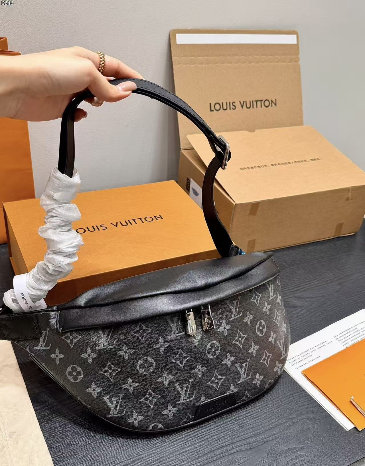 LV Bumbag Monogram Eclipse Canvas Crossbody Bag with Black Leather Trim