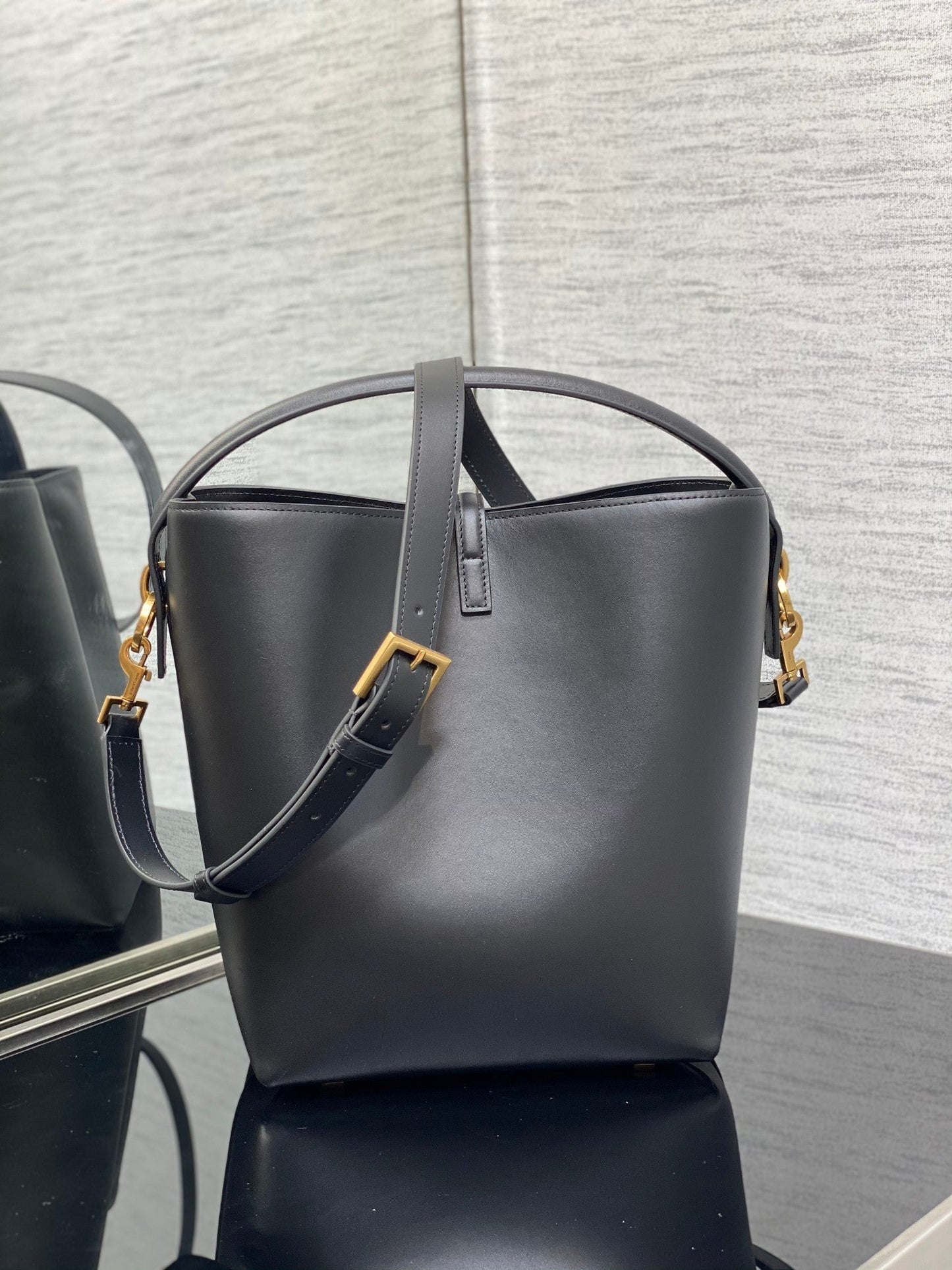 YSL Le 37 Black Shiny Leather Handle Shoulder Bag with YSL Charm and Adjustable Strap (20 x 25 x 16) cm