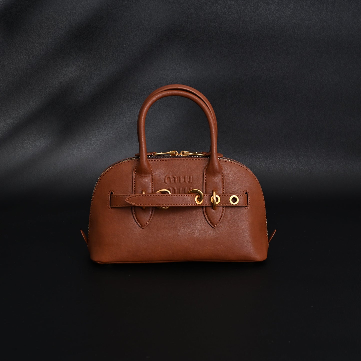 Miu Miu Leather Bowler Top Handle Bag Cognac