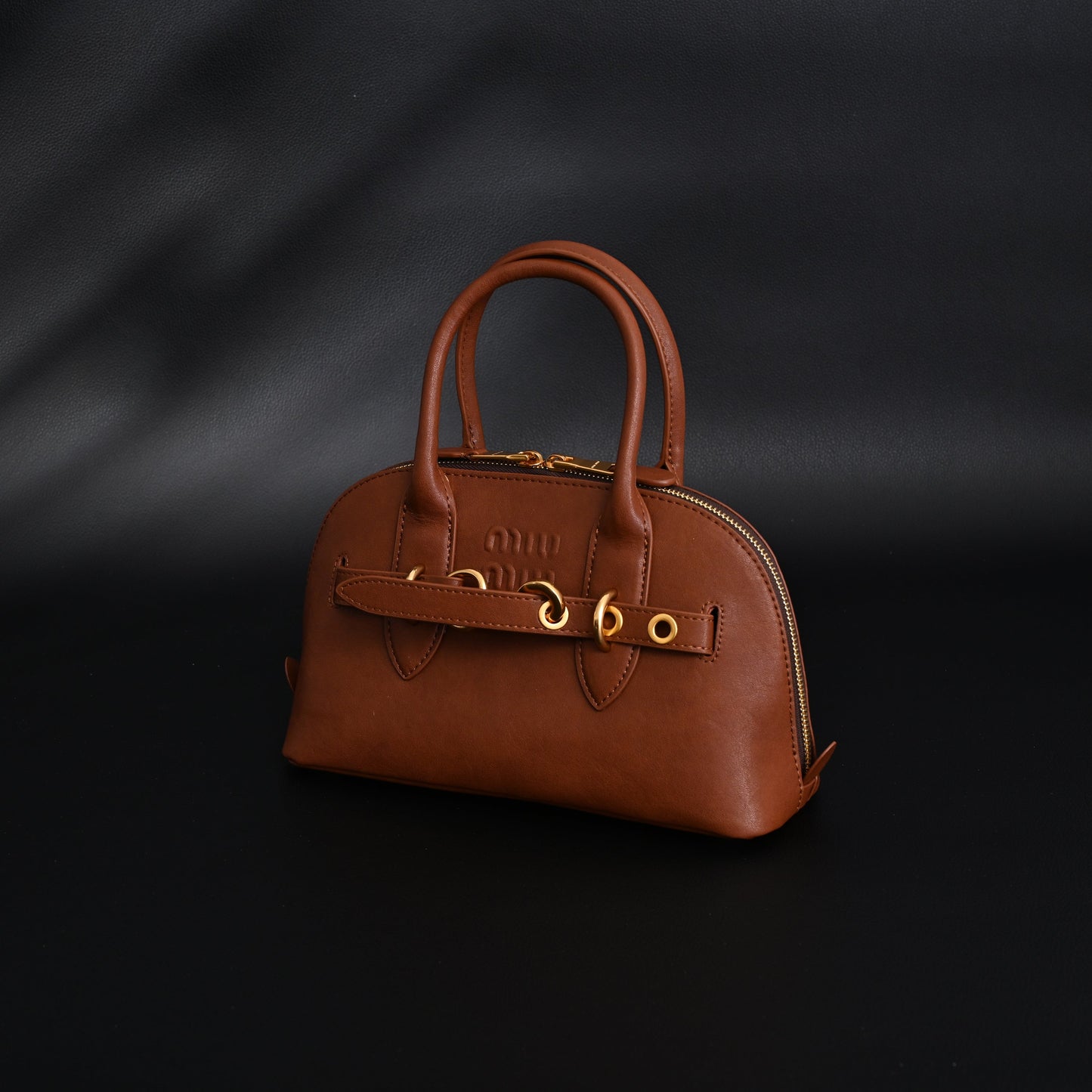 Miu Miu Leather Bowler Top Handle Bag Cognac